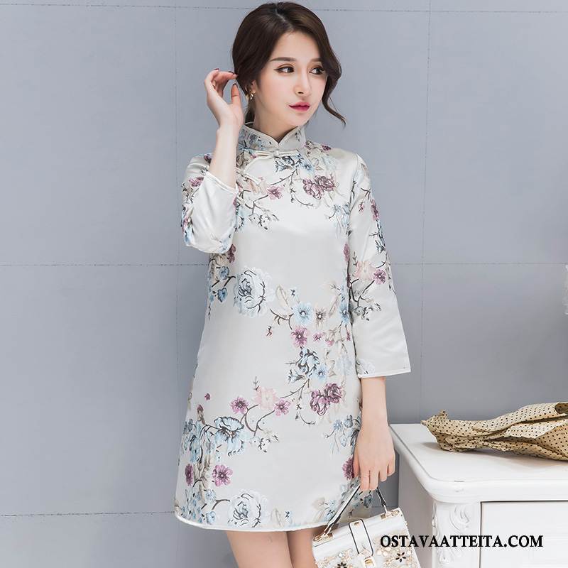 Cheongsam Naisten Kiinalainen Tyyli Suora Syksy Valkoinen Vintage Pitkässä Osassa