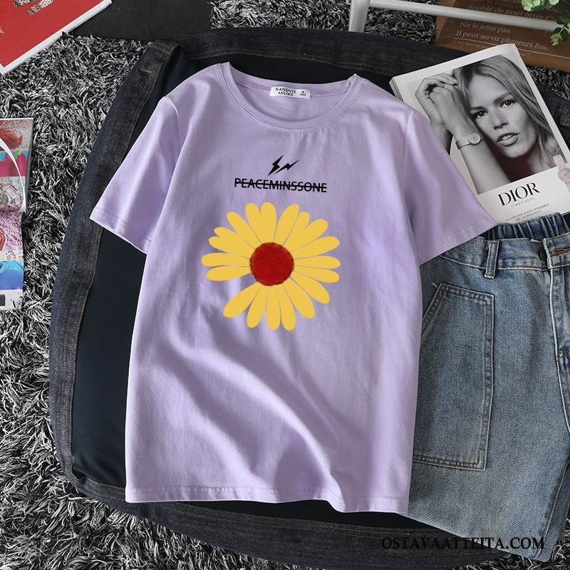 T-paidat Naisten Violetti Kevät Suuri Päivänkakkara Valkoinen Löysät