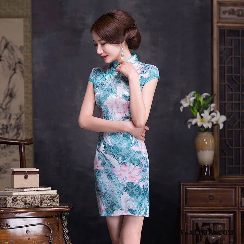 Cheongsam Naisten Ohut Vintage Korkea Kaulus Sininen Kirjonta Naisille