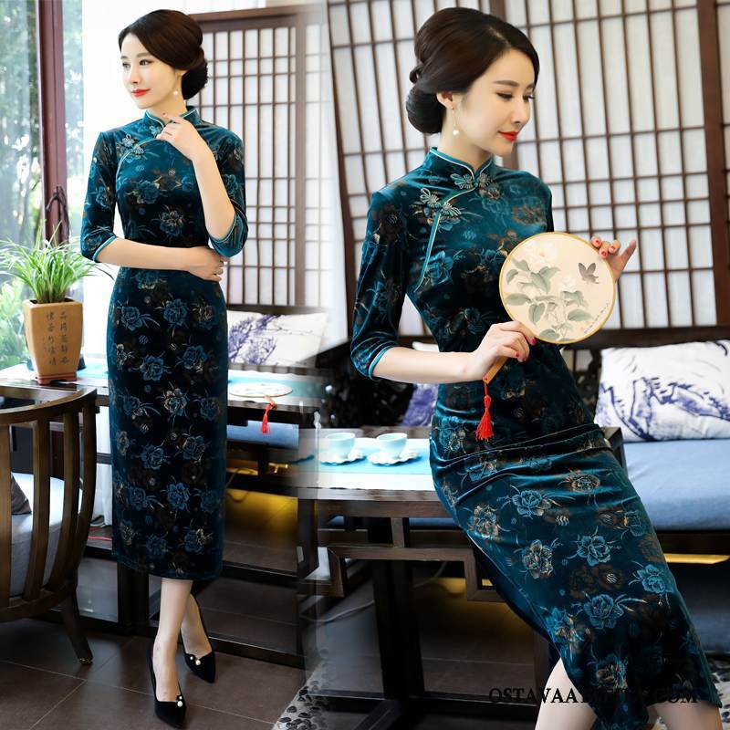 Cheongsam Naisten Sininen Tyylikäs Mekko Sideharso Ohut Kevät